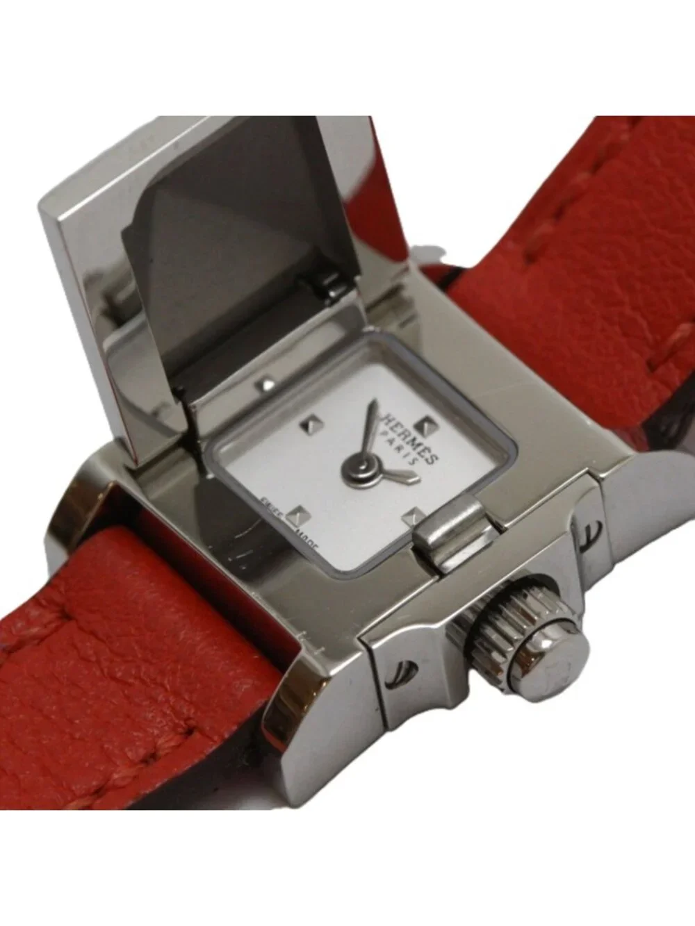 Hermes Medor Tour Watch SS Stainless Steel Leather Strap Silver Dial Quartz